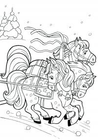 Три лошади скачут зимой Раскрашивать раскраски для мальчиков