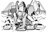 Человек-паук летит по городу Раскрашивать раскраски для мальчиков