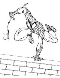 Человек паук прыгает со стены Распечатать раскраски для мальчиков