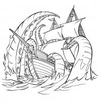 Морское чудовище топит корабль Скачать раскраски для мальчиков