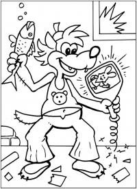 Волк из мультфильма ну погоди с рыбой и кинескопом от телевизора Раскраски для мальчиков бесплатно